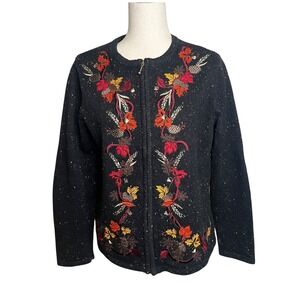 Vtg Croft & Barrow Embellished Cardigan Zip Front‎ Sweater Fall Autumn Sz Small